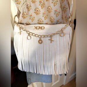 XOXO White Fringe Shoulder Bag with Gold Charm Chain